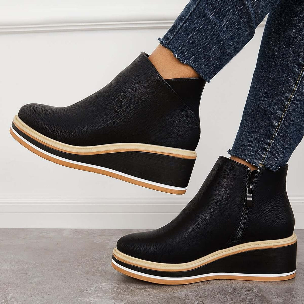 Women's Faux Leather Platform Zip-Up Ankle Heeled Boots