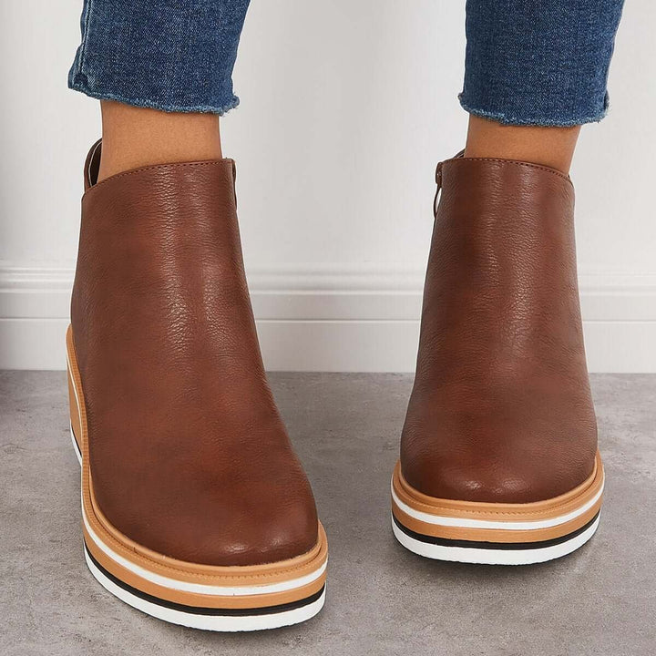 Women's Faux Leather Platform Zip-Up Ankle Heeled Boots