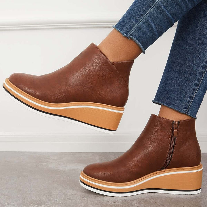 Women's Faux Leather Platform Zip-Up Ankle Heeled Boots