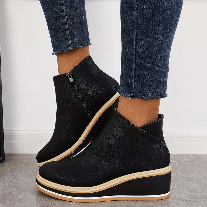 Women's Faux Leather Platform Zip-Up Ankle Heeled Boots