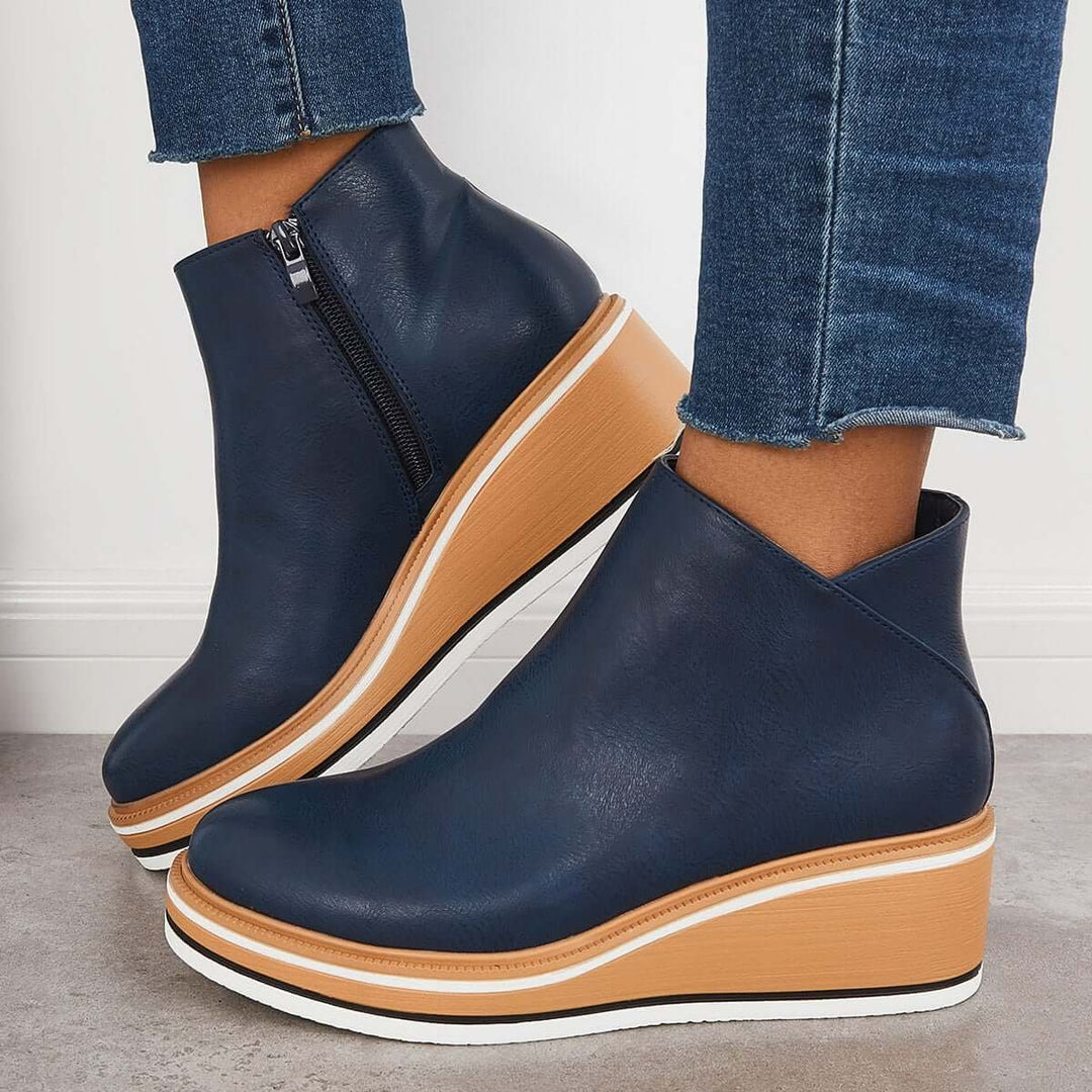 Women's Faux Leather Platform Zip-Up Ankle Heeled Boots