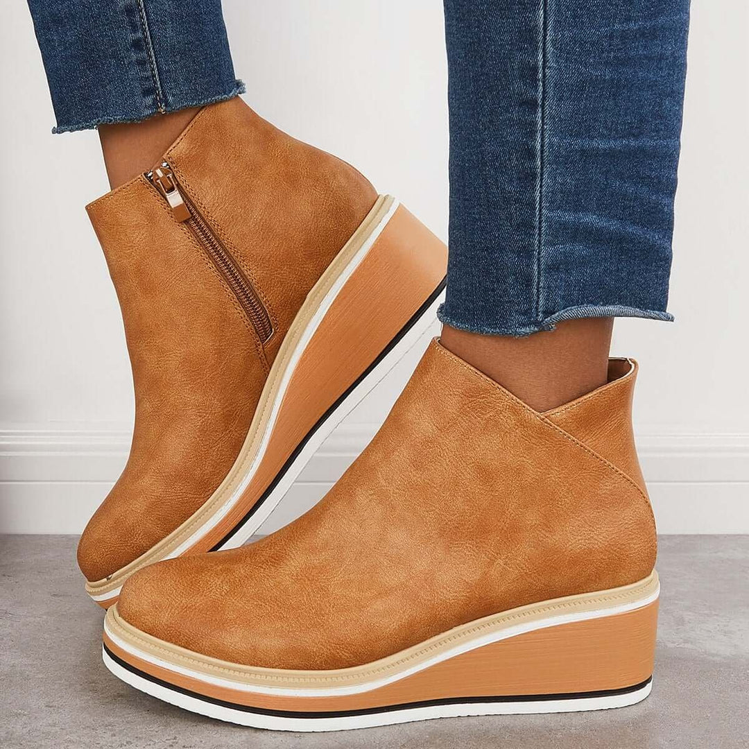 Women's Faux Leather Platform Zip-Up Ankle Heeled Boots