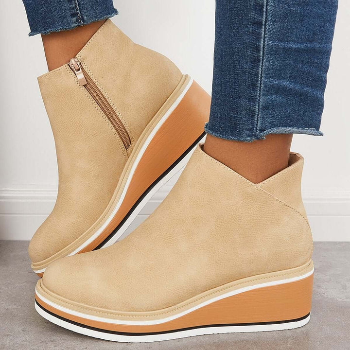 Women's Faux Leather Platform Zip-Up Ankle Heeled Boots
