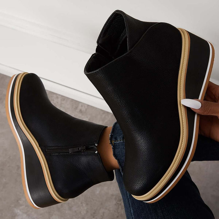 Women's Faux Leather Platform Zip-Up Ankle Heeled Boots