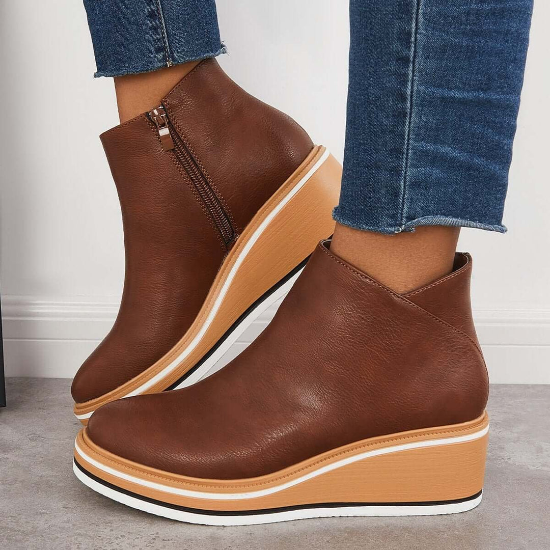 Women's Faux Leather Platform Zip-Up Ankle Heeled Boots