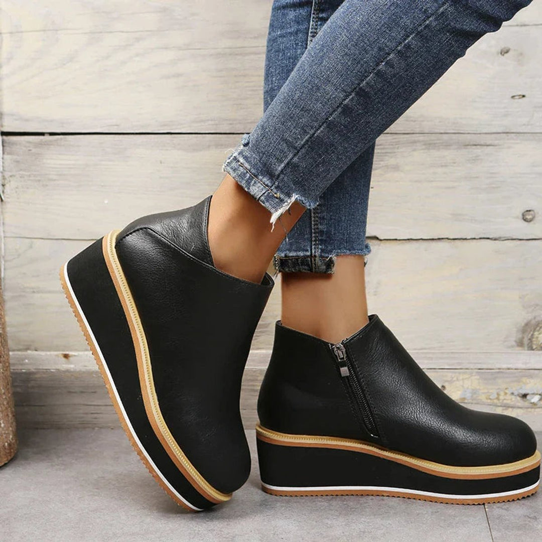 Women's Faux Leather Platform Zip-Up Ankle Heeled Boots