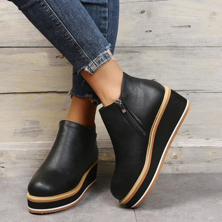 Women's Faux Leather Platform Zip-Up Ankle Heeled Boots