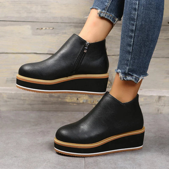 Women's Faux Leather Platform Zip-Up Ankle Heeled Boots