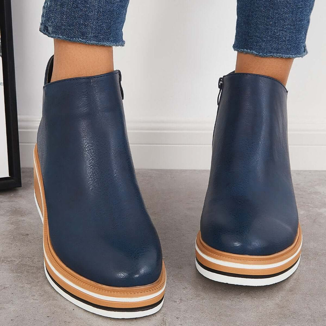 Women's Faux Leather Platform Zip-Up Ankle Heeled Boots