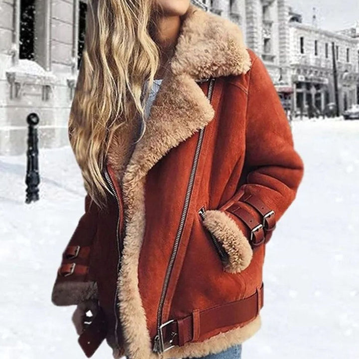 Women's Faux Shearling Lined Oversized Suede Moto Jacket - Orange
