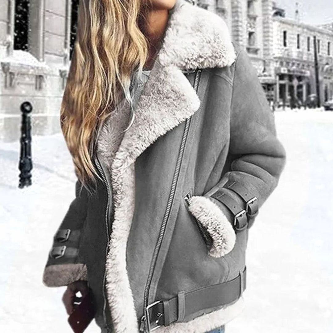 Women's Faux Shearling Lined Oversized Suede Moto Jacket - Grey