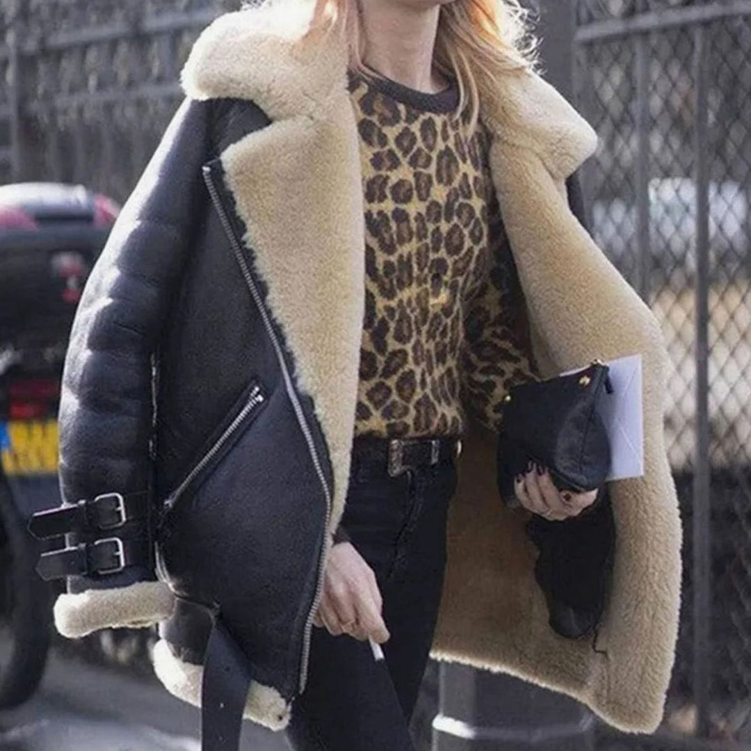 Women's Faux Shearling Lined Oversized Suede Moto Jacket - Black