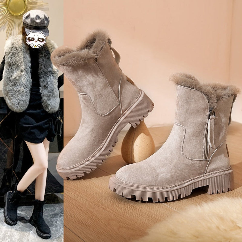 Women's Faux Suede Fur-Trim Ankle Heeled Boots Side-Zip Winter Snow
