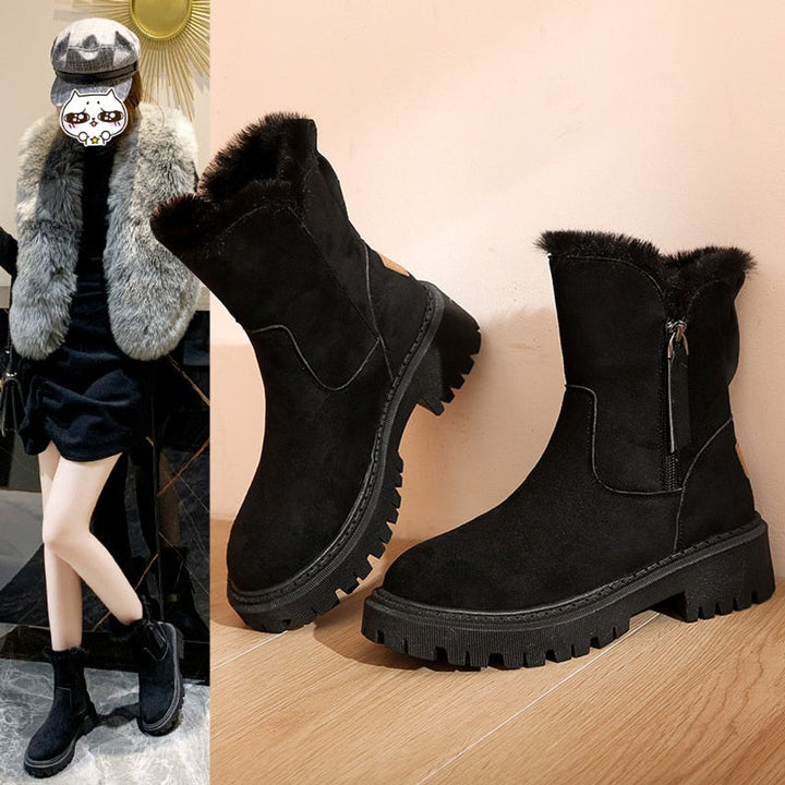 Women's Faux Suede Fur-Trim Ankle Heeled Boots Side-Zip Winter Snow
