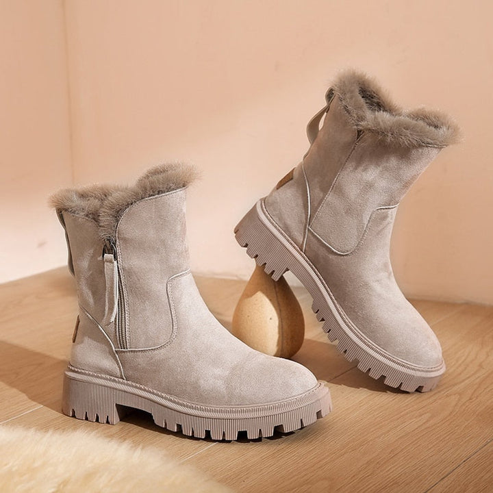 Women's Faux Suede Fur-Trim Ankle Heeled Boots Side-Zip Winter Snow