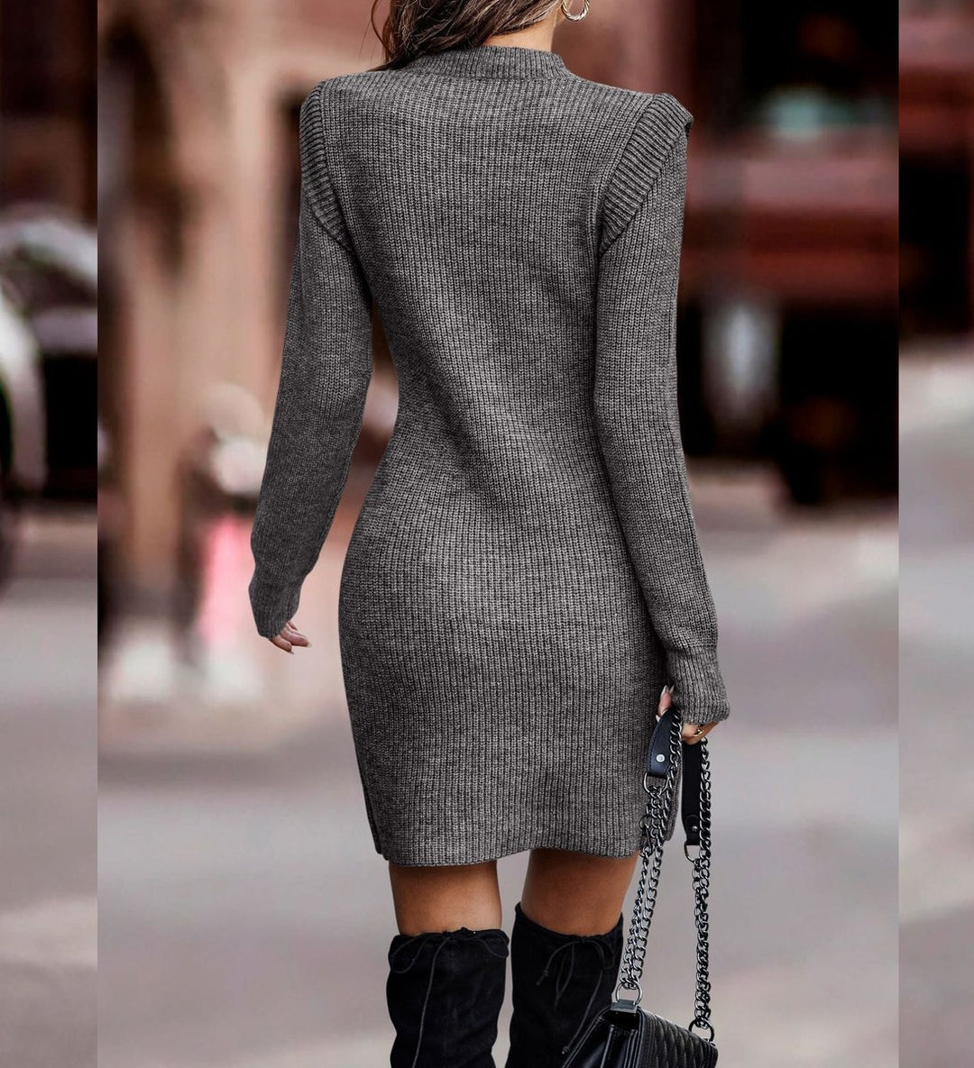 Women's Fitted Long-Sleeve High-Low Hem Knitted Dress