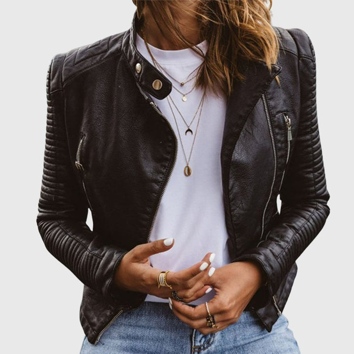 Women's Fitted Zip-Up Ribbed-Sleeve Leather Biker Jacket