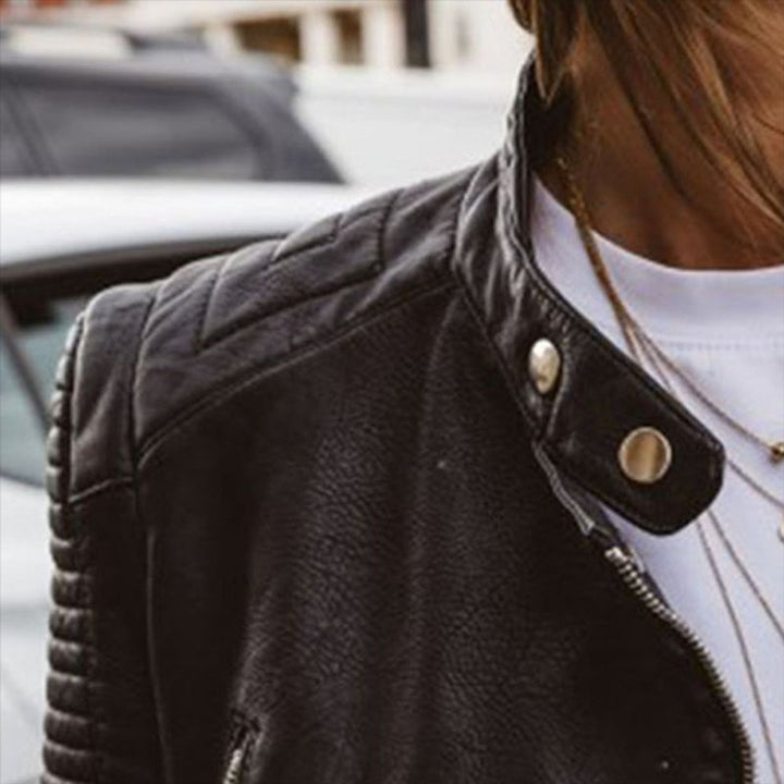 Women's Fitted Zip-Up Ribbed-Sleeve Leather Biker Jacket