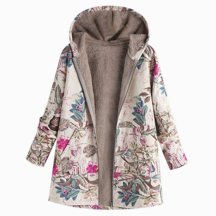 Women's Fleece-Lined Hooded Floral Coat Zip-Up Winter Jacket - White