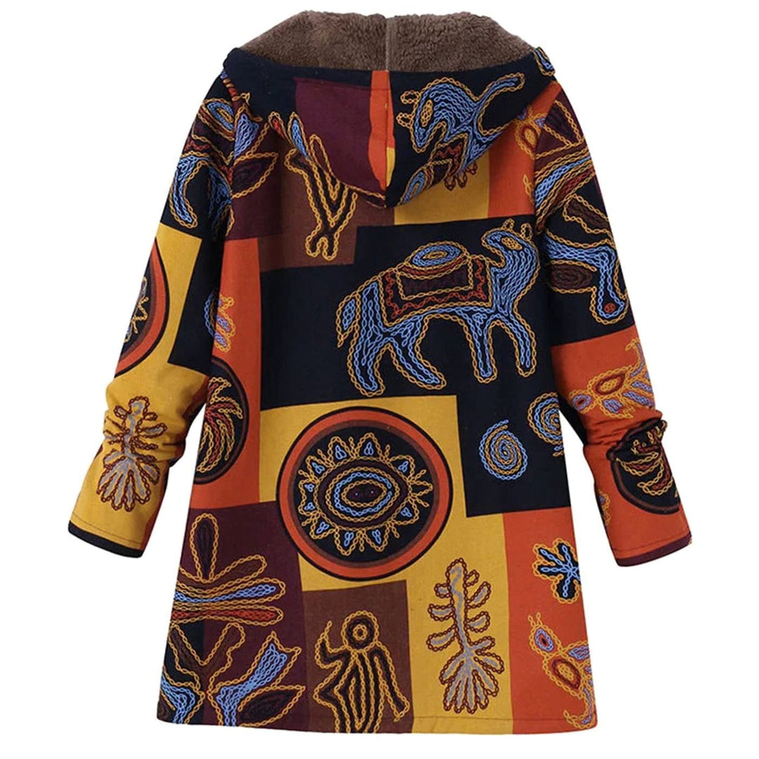 Women's Fleece-Lined Hooded Floral Coat Zip-Up Winter Jacket - Orange