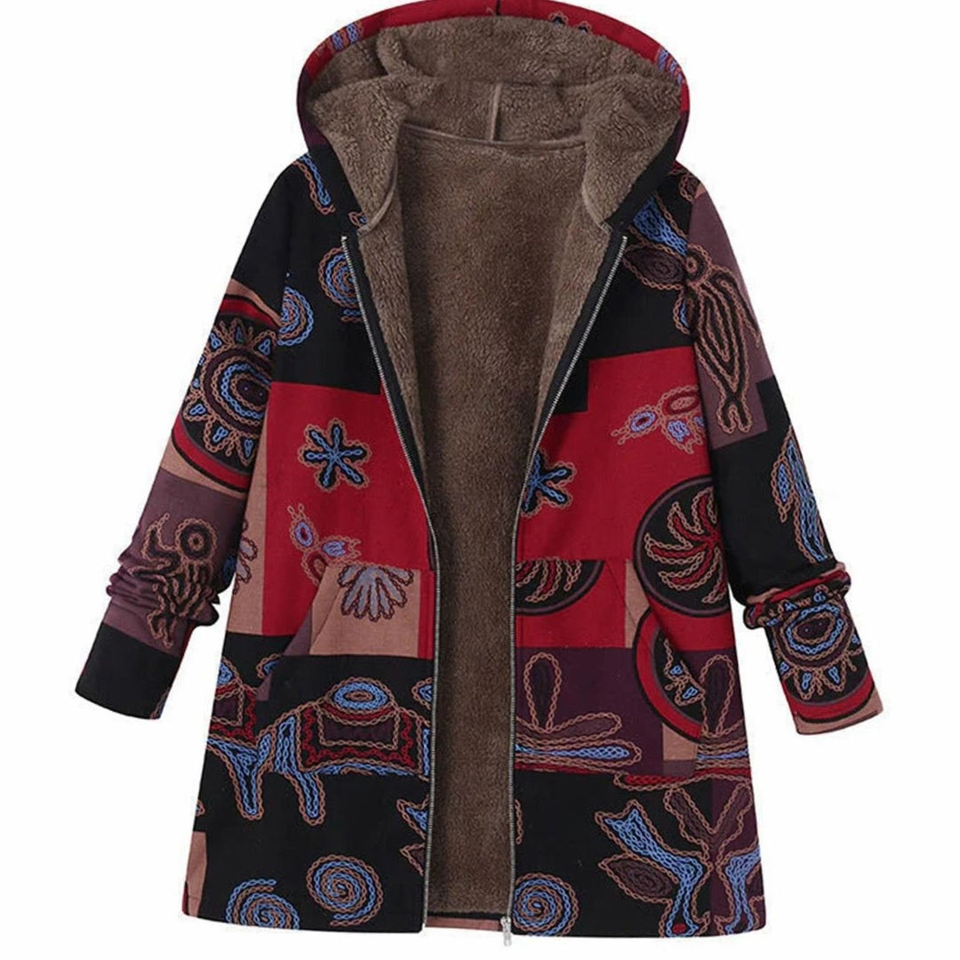 Women's Fleece-Lined Hooded Floral Coat Zip-Up Winter Jacket - Brown
