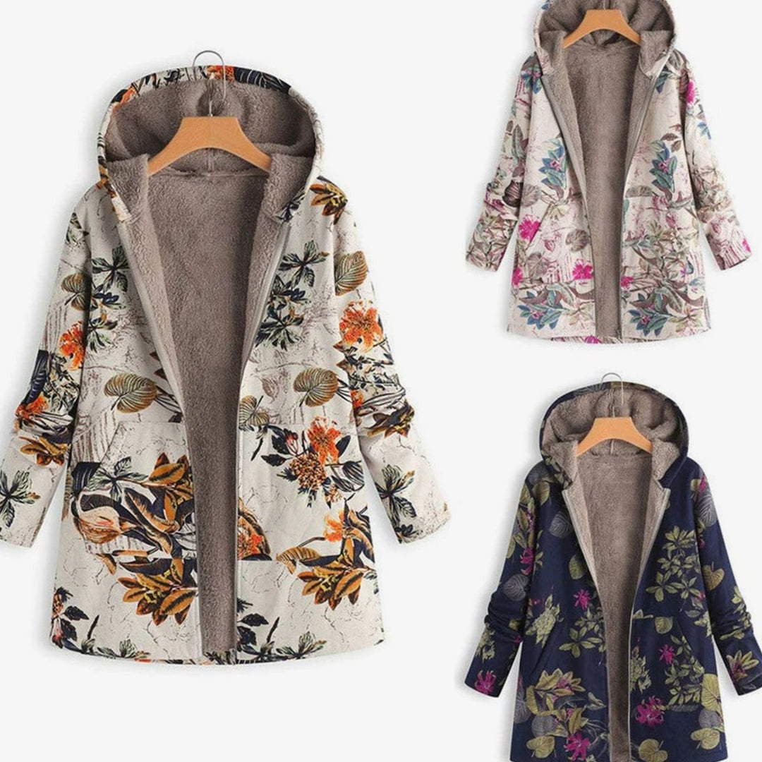 Women's Fleece-Lined Hooded Floral Coat Zip-Up Winter Jacket