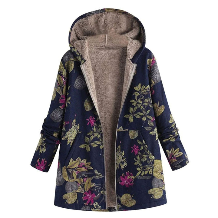 Women's Fleece-Lined Hooded Floral Coat Zip-Up Winter Jacket - Blue