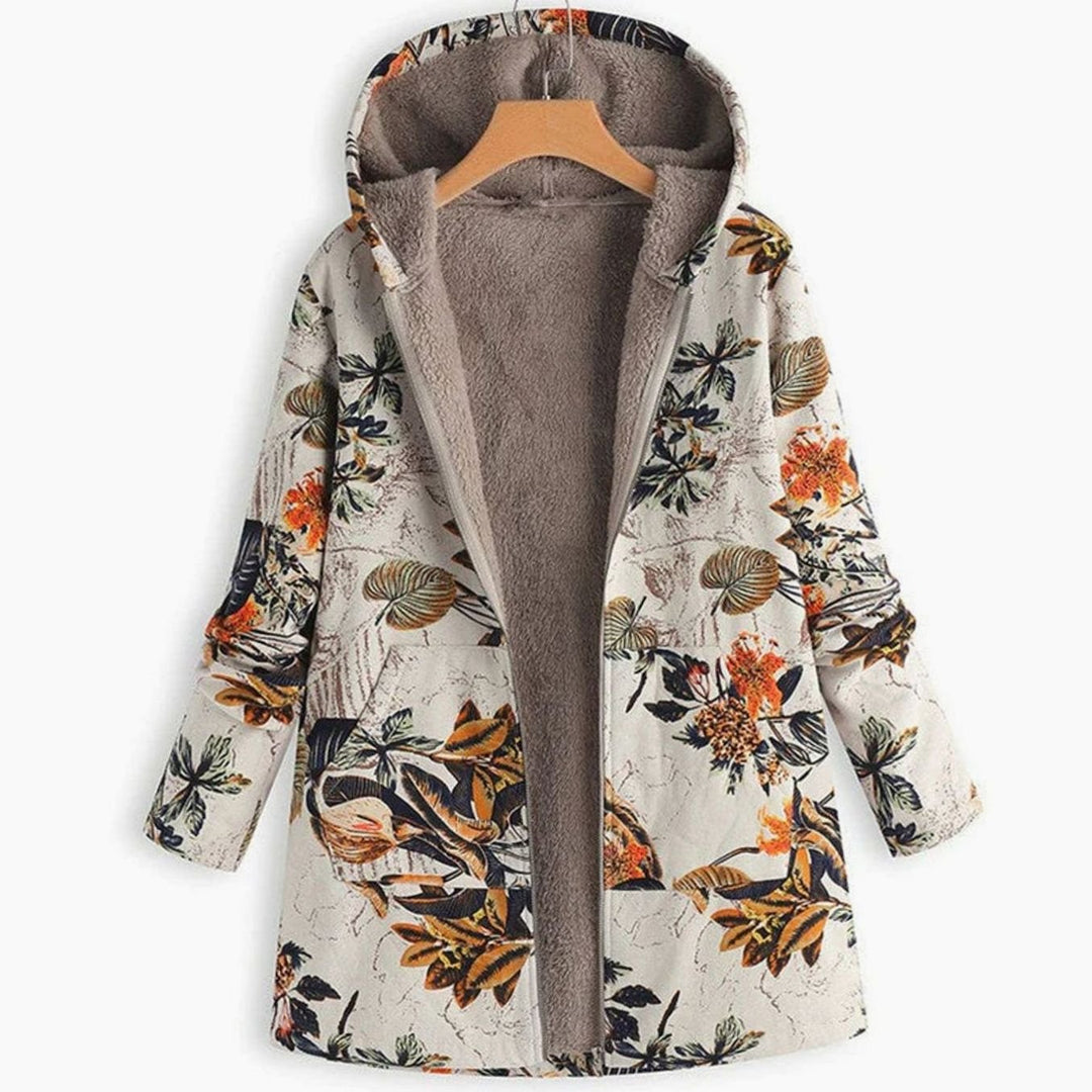 Women's Fleece-Lined Hooded Floral Coat Zip-Up Winter Jacket - Beige