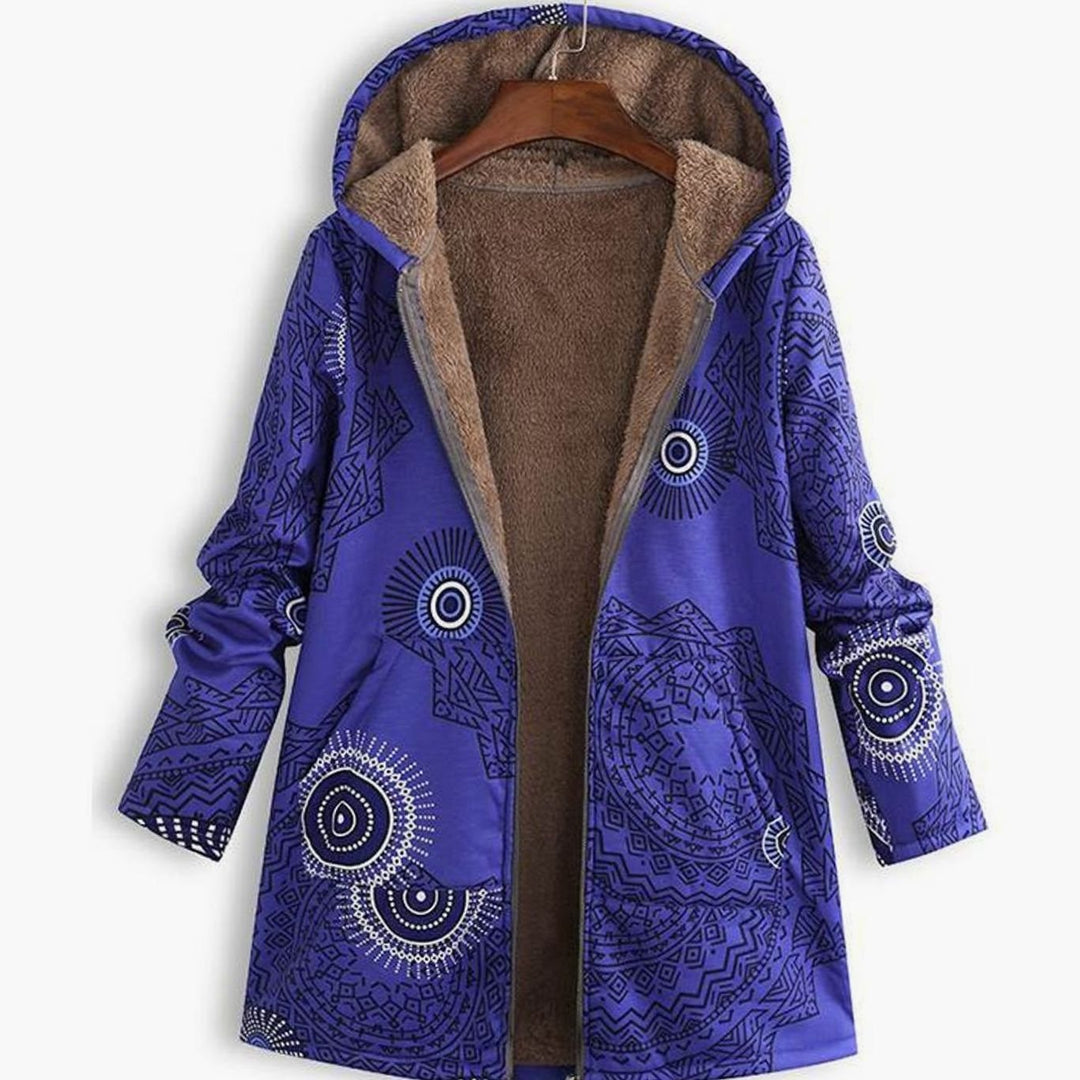 Women's Fleece-Lined Hooded Floral Coat Zip-Up Winter Jacket - Purple