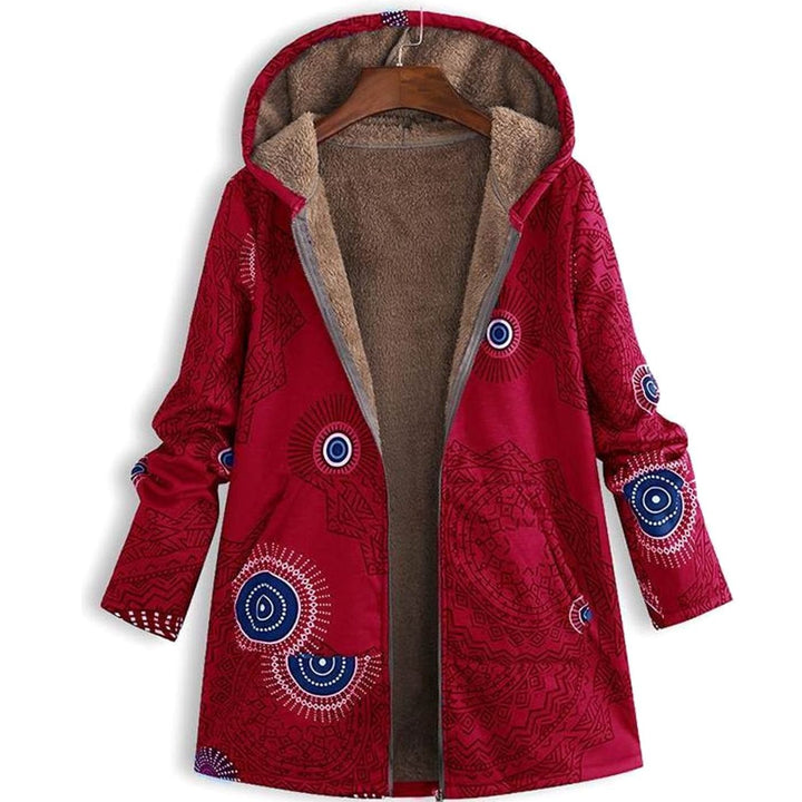 Women's Fleece-Lined Hooded Floral Coat Zip-Up Winter Jacket - Red