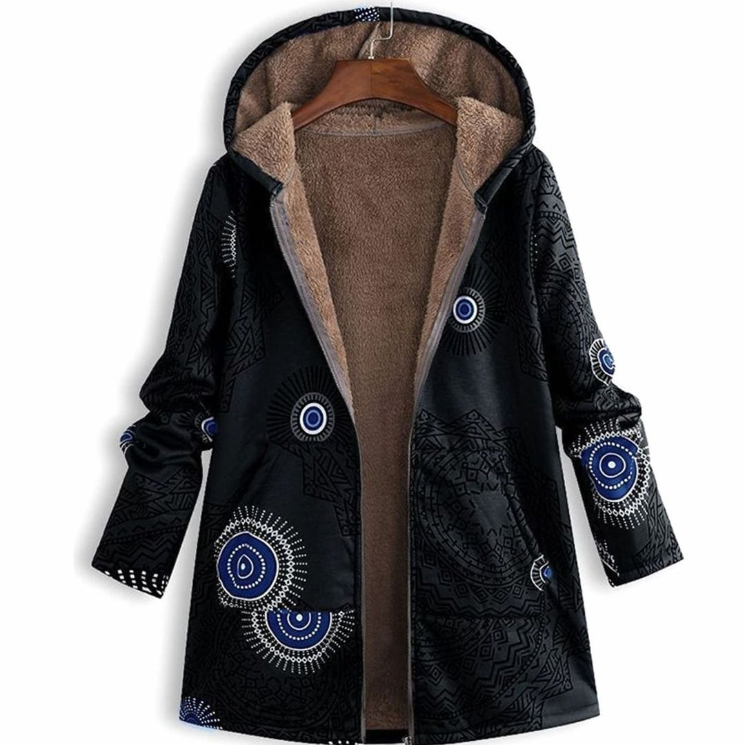 Women's Fleece-Lined Hooded Floral Coat Zip-Up Winter Jacket - Black