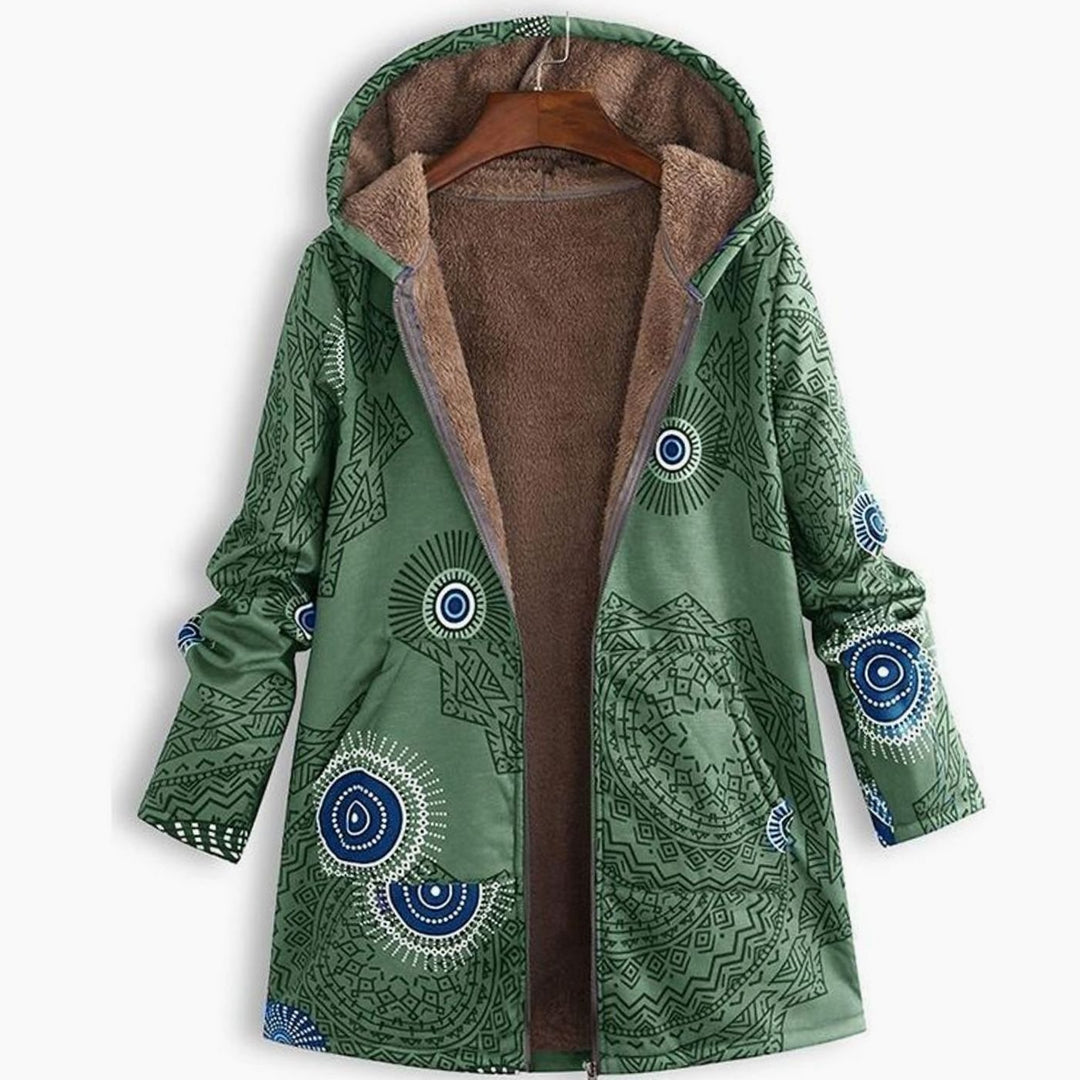 Women's Fleece-Lined Hooded Floral Coat Zip-Up Winter Jacket - Green