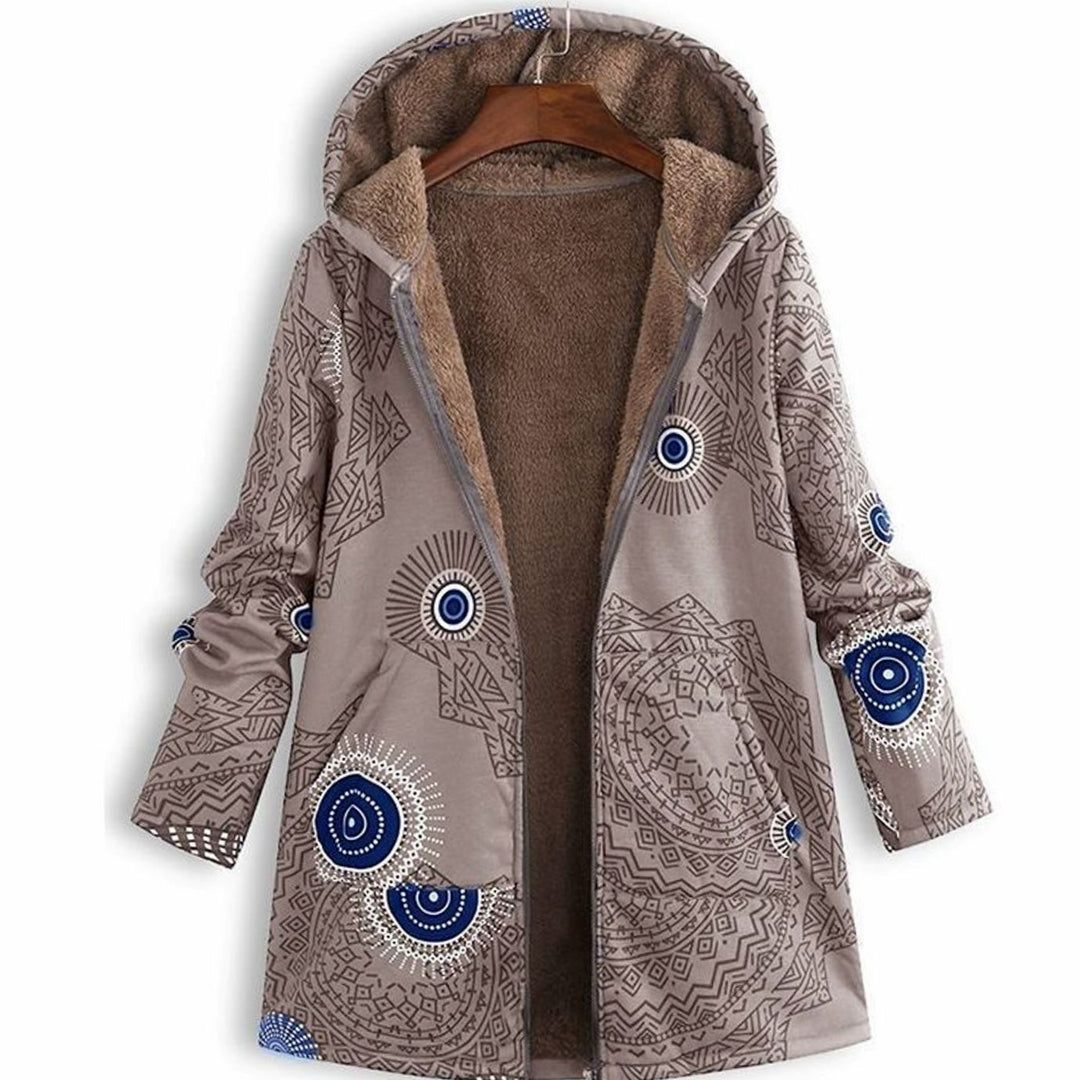 Women's Fleece-Lined Hooded Floral Coat Zip-Up Winter Jacket - Grey