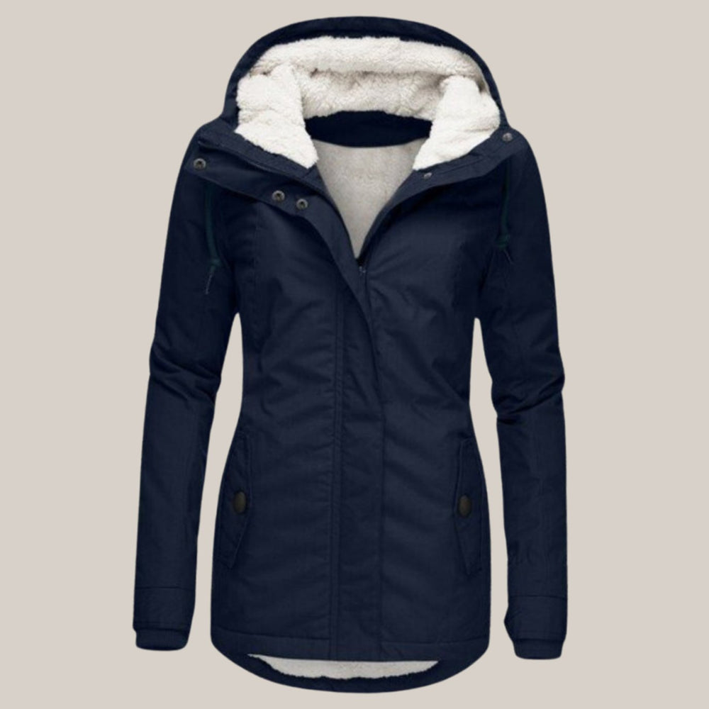 Women's Fleece-Lined Hooded Windproof Puffer Jacket - Blue