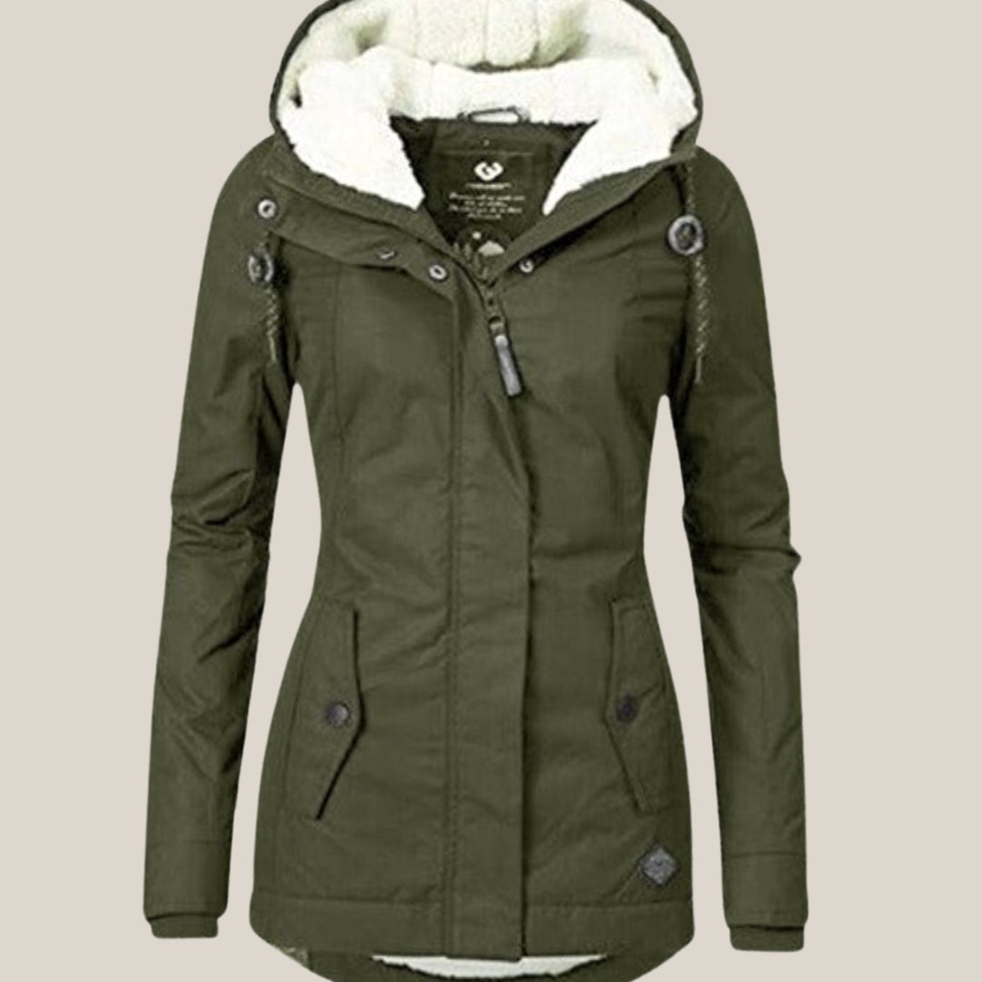 Women's Fleece-Lined Hooded Windproof Puffer Jacket - Green