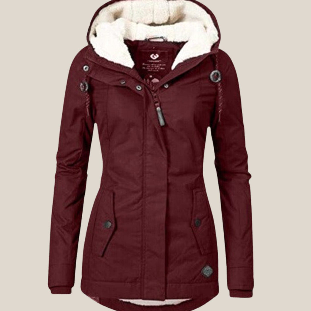 Women's Fleece-Lined Hooded Windproof Puffer Jacket - Red