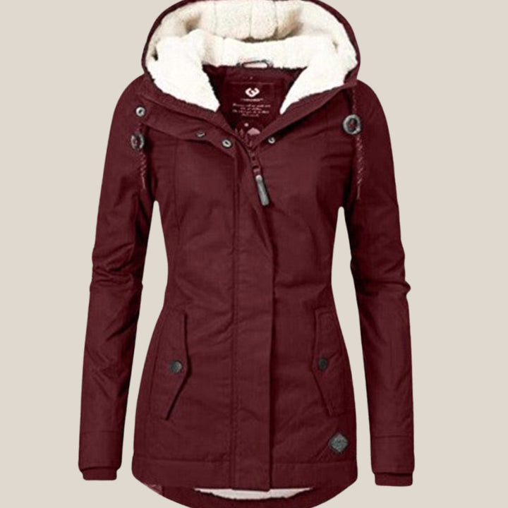 Women's Fleece-Lined Hooded Windproof Puffer Jacket - Red