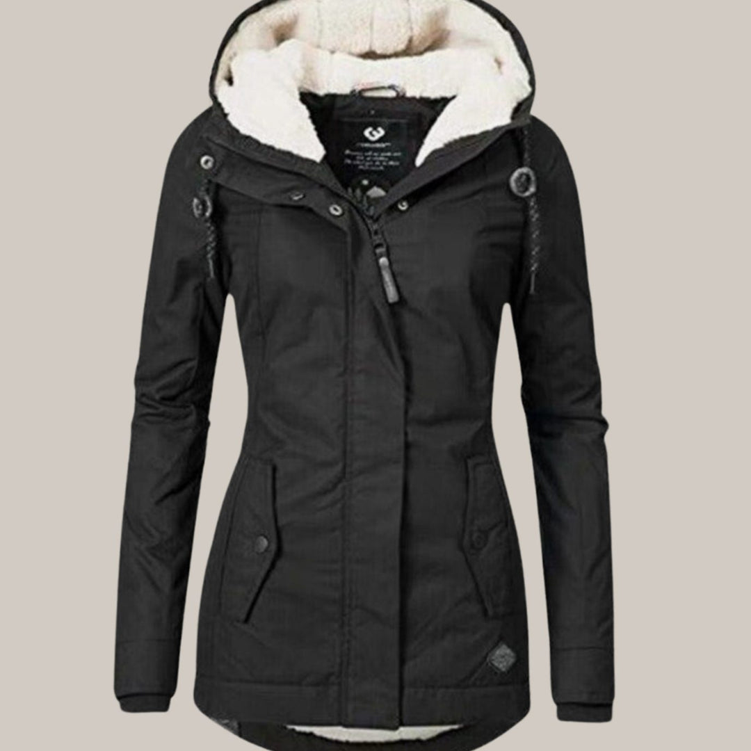 Women's Fleece-Lined Hooded Windproof Puffer Jacket - Black