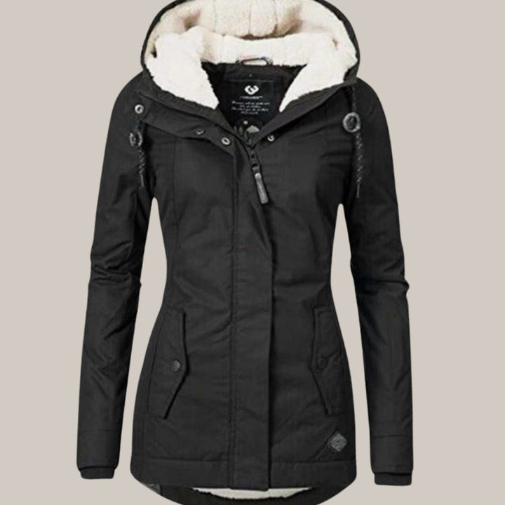 Women's Fleece-Lined Hooded Windproof Puffer Jacket - Black