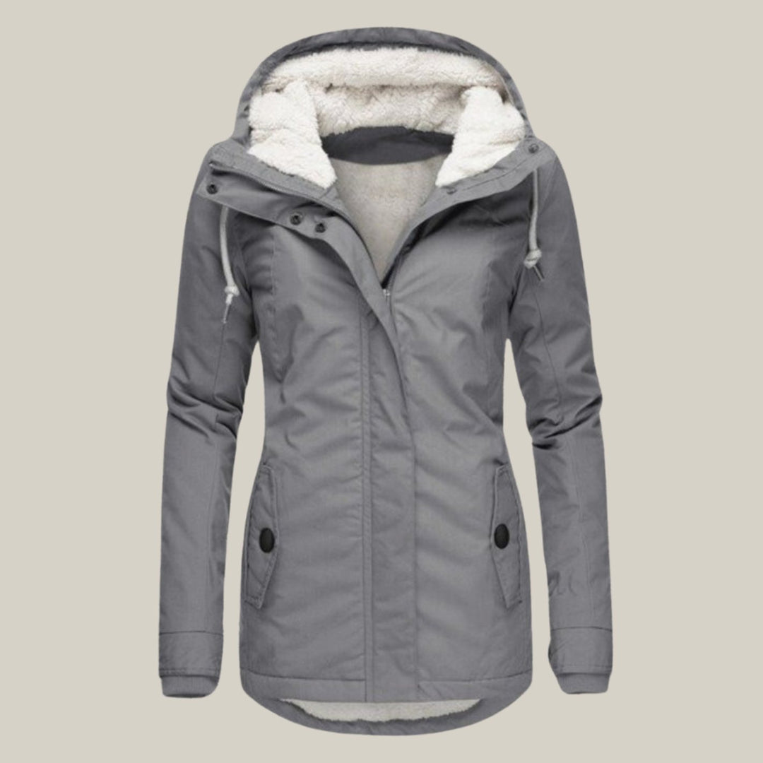 Women's Fleece-Lined Hooded Windproof Puffer Jacket - Grey
