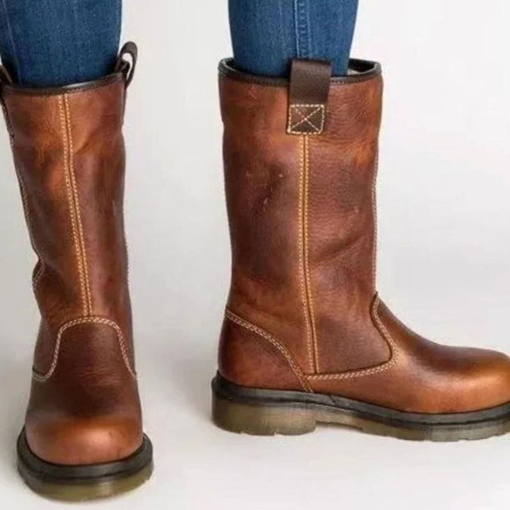Women's Fleece-Lined Leather Winter Boots Ankle - Brown