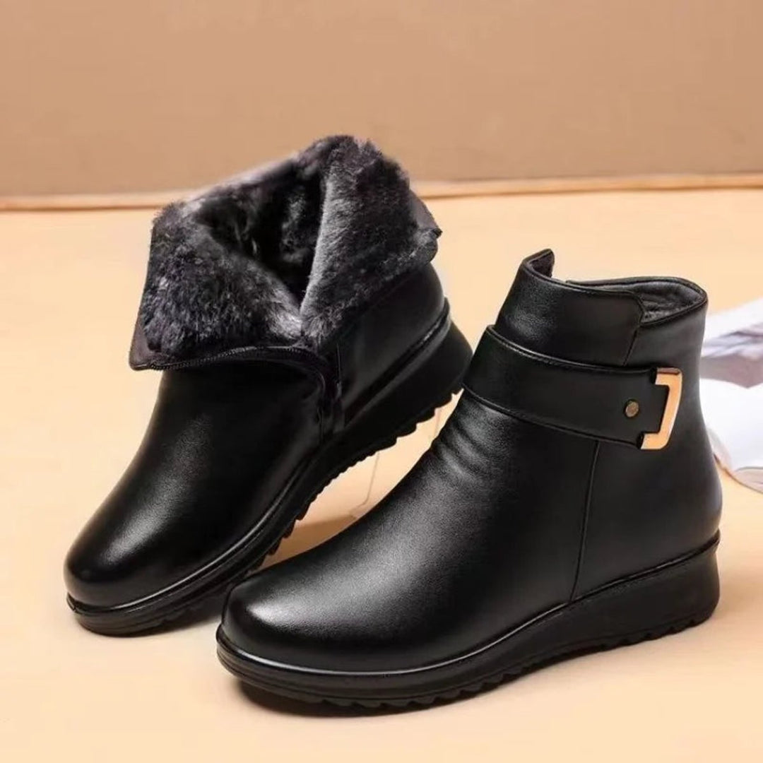 Women's Fleece-Lined Wedge Ankle Heeled Boots Buckle Detail