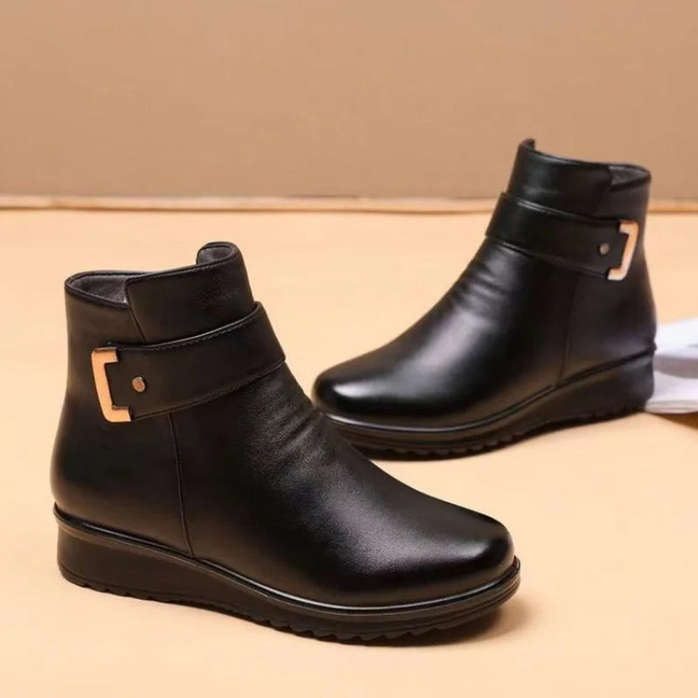 Women's Fleece-Lined Wedge Ankle Heeled Boots Buckle Detail