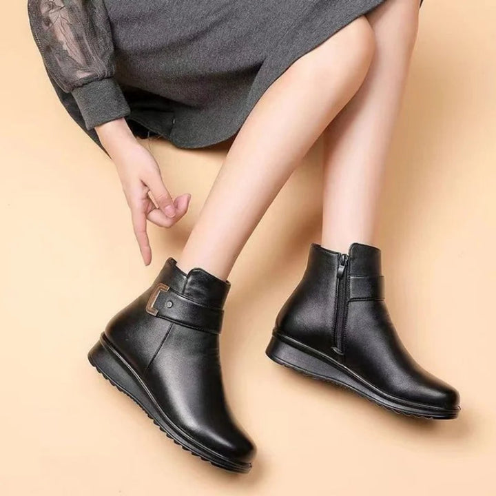 Women's Fleece-Lined Wedge Ankle Heeled Boots Buckle Detail