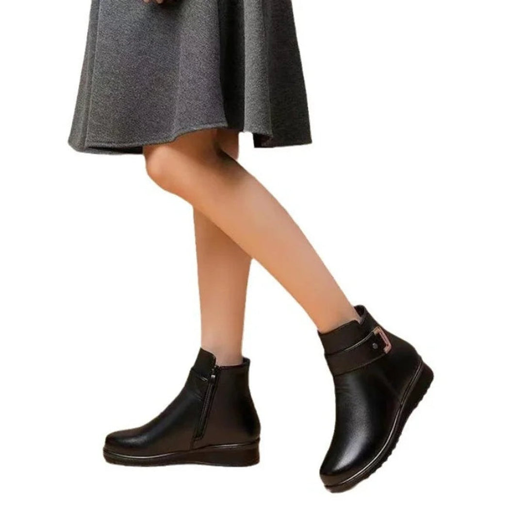 Women's Fleece-Lined Wedge Ankle Heeled Boots Buckle Detail