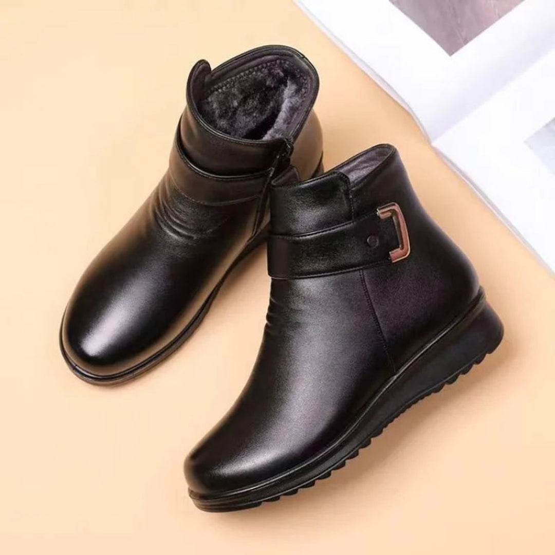 Women's Fleece-Lined Wedge Ankle Heeled Boots Buckle Detail