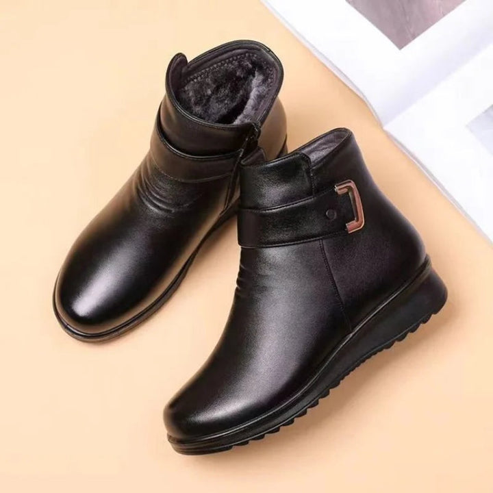 Women's Fleece-Lined Wedge Ankle Heeled Boots Buckle Detail
