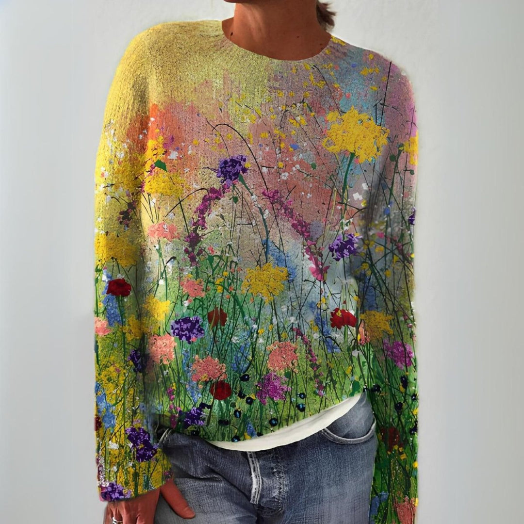 Women's Floral Art Print Long-Sleeve Knitted Sweater