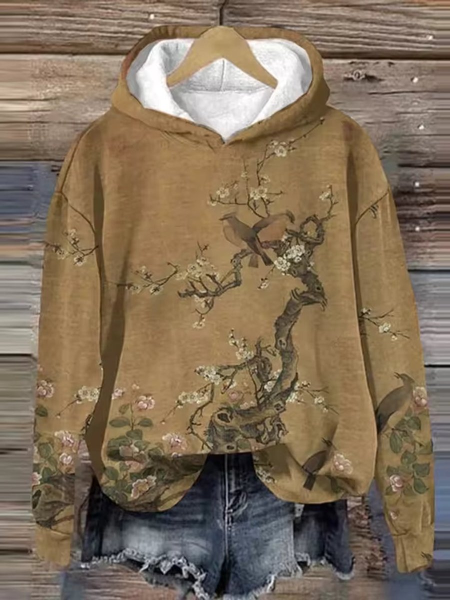 Women's Floral Bird Print Oversized Hooded Knitted Sweater