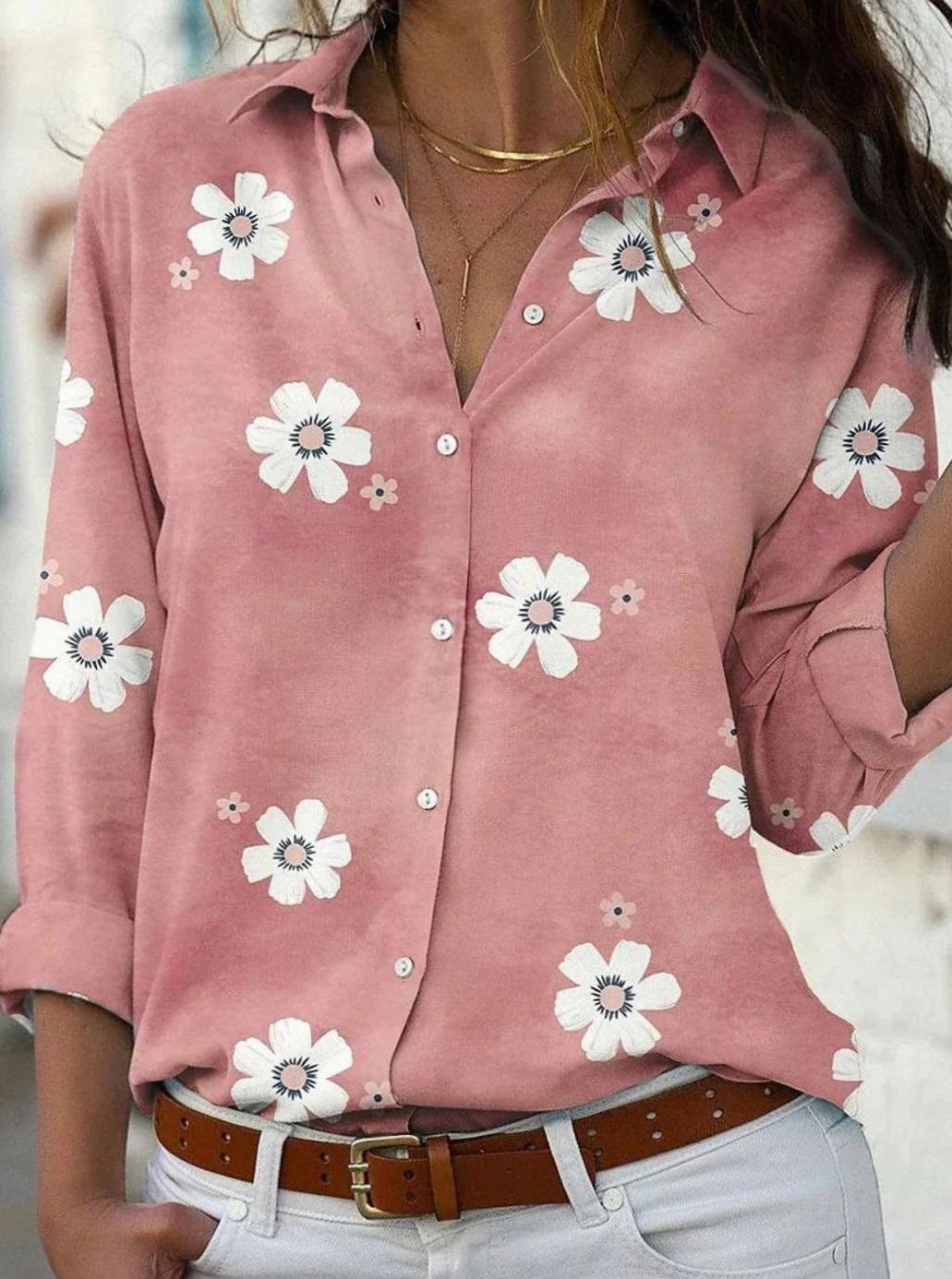 Women's Floral Button-Down Long-Sleeve Relaxed Shirt
